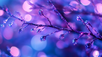 Aufkleber - Close-up of an ice-covered branch with vibrant bokeh background.