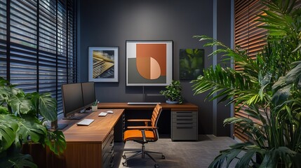 Aufkleber - Modern home office with wooden desk, two monitors, orange chair, and plants.