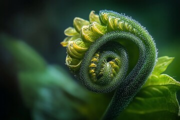 Sticker - Close-up of a vibrant green fern fiddlehead unfurling in a spiral.