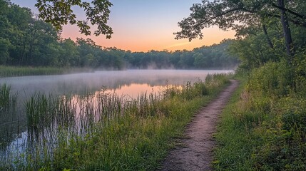 Poster - Serene sunrise over misty lake with path.