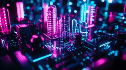 Aufkleber - Futuristic cityscapes built on a circuit board with vibrant neon lighting.