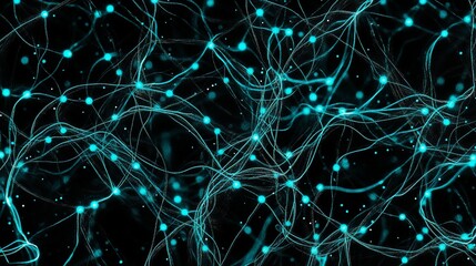 Poster - Abstract background with glowing cyan lines and dots on black.