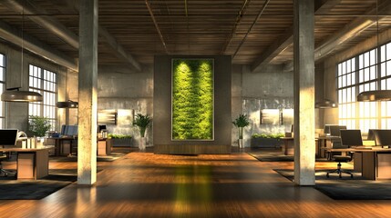 Aufkleber - Sunlit modern industrial office interior with large windows, exposed beams, wooden floors, and a vertical garden.