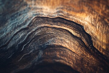 Aufkleber - Close-up of wood grain texture with rich brown, dark blue, and orange hues showing intricate patterns and lines.