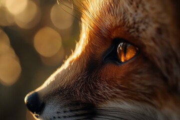Aufkleber - Close-up profile of a red fox's face, illuminated by warm sunlight, showcasing its fur texture and amber eyes.