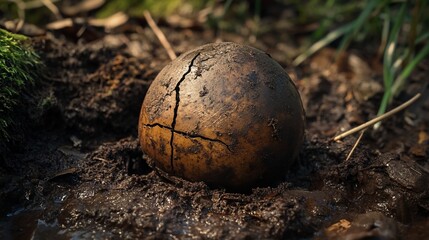 Aufkleber - Cracked earthen sphere partially buried in muddy ground.