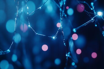 Leinwandbilder - Abstract blue glowing network with bokeh lights.