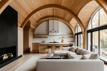 Aufkleber - Modern open-plan living space with vaulted wood ceilings, minimalist kitchen, and comfortable sectional sofa.