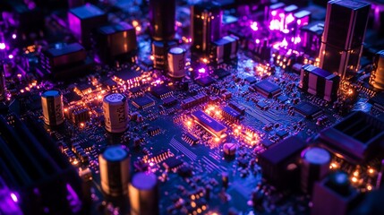 Poster - Close-up of illuminated circuit board components, showcasing intricate design and vibrant colors.
