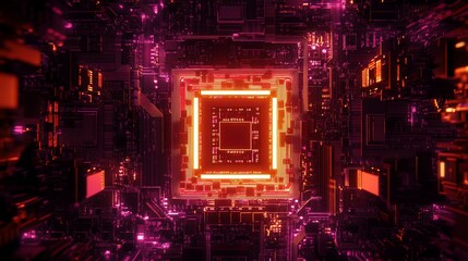Aufkleber - Abstract glowing circuit board, digital technology, pink and orange hues.