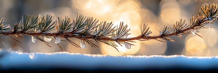 Poster - Frosty pine branch with water droplets against a blurred sunset background.