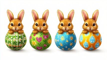 Wall Mural - Four Easter bunnies in decorated eggs