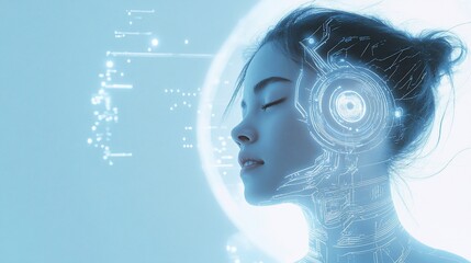 Fototapete - Serene woman with futuristic digital overlay, eyes closed, calm expression.