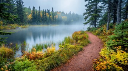 Poster - Misty autumn morning by a tranquil lake with a winding path through colorful foliage.