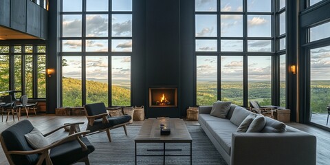 Poster - Modern living room with large windows offering scenic mountain views and a fireplace.