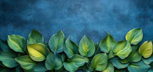 Poster - Lush green leaves on a textured blue background.