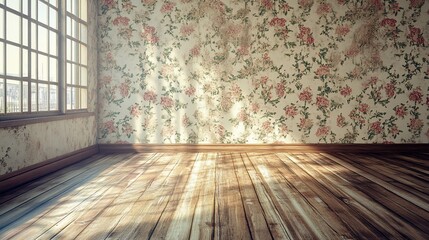 Leinwandbilder - Sunlit empty room with floral wallpaper, wooden floor, and window. (1)