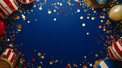 Poster - Festive celebration background with red, gold, and blue confetti, balloons, and party hats on a dark blue surface.