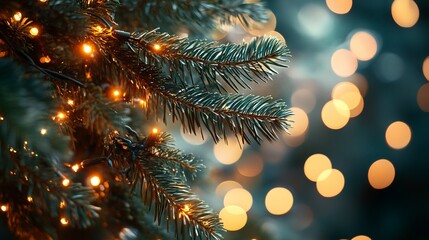 Poster - Close-up of illuminated pine tree branches with bokeh lights.
