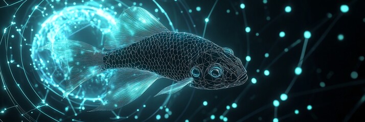 Aufkleber - Futuristic fish in glowing network, digital art.