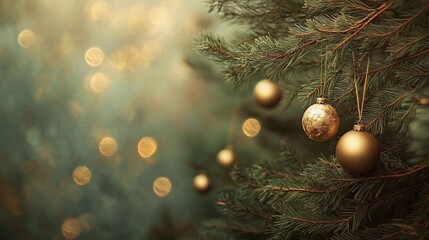 Poster - Close-up of a decorated Christmas tree with gold ornaments and bokeh lights in the background.
