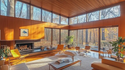 Leinwandbilder - Sunlit mid-century modern living room with large windows overlooking autumnal woods.