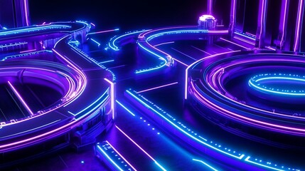 Leinwandbilder - Abstract 3D neon purple and blue glowing lines forming futuristic circular patterns on dark background.