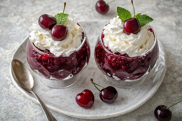 Two glass dessert bowls filled with cherry compote, topped with whipped cream and fresh cherries.