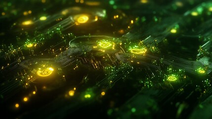 Aufkleber - Abstract digital circuit board with glowing green and gold nodes.