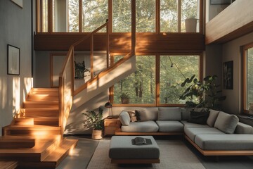 Poster - Sunlit modern living room with wooden staircase and large windows overlooking lush trees.
