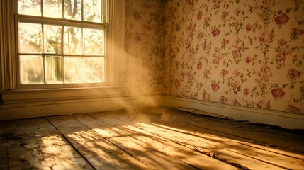 Aufkleber - Sunbeams illuminate dust motes in an abandoned room with floral wallpaper and aged wood floors.