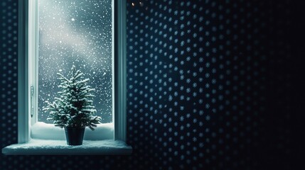 Poster - Small potted fir tree on snow-covered windowsill, night snowfall view.