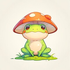 Canvas Print - Adorable Frog Under a Mushroom