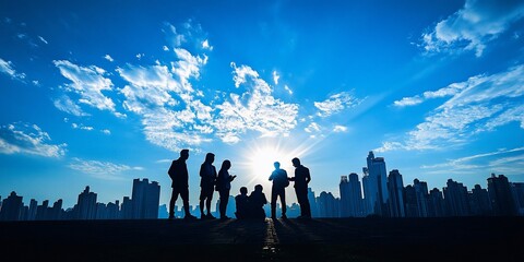 Aufkleber - Silhouetted businesspeople meeting at sunset against a cityscape backdrop.