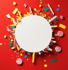 Poster - White circle surrounded by colorful confetti, candy, and straws on red background.
