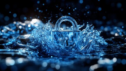 Poster - Chrome padlock submerged in blue water, symbolizing digital security and data protection.