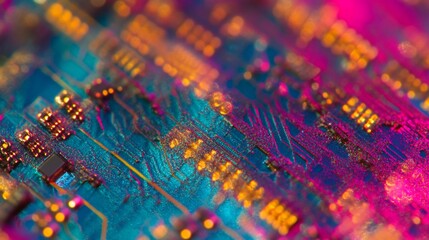 Aufkleber - Close-up of vibrant circuit board with colorful pathways and components.