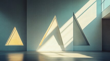Poster - Sunlight streams through triangular cutouts in a minimalist interior wall, illuminating a spacious, empty room with a polished floor.