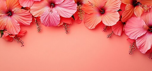 Aufkleber - Coral hibiscus flowers border on coral background.