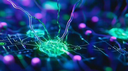 Aufkleber - Abstract glowing green neural network connections on a circuit board.