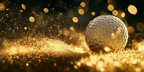 Poster - Golden golf ball on sparkling surface.