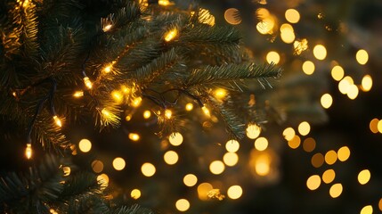 Poster - Close-up of illuminated pine tree branches with warm, glowing lights and bokeh effect.