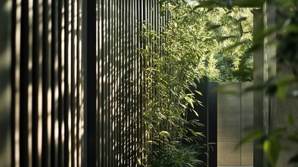 Poster - Sunlight filters through a slatted wooden fence, illuminating bamboo plants and a stone wall in a tranquil garden path.