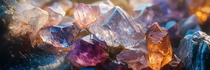 Aufkleber - Close-up of colorful crystals with various shapes and sizes, illuminated with warm light.