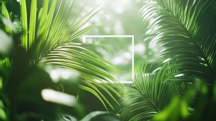 Poster - Lush green tropical foliage with a bright, sunlit, empty white square frame in the center.