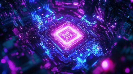 Poster - Close-up of a glowing purple and blue circuit board with a central processor.