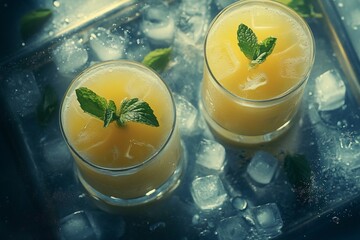 Sticker - Two glasses of refreshing yellow juice with ice and mint on a metallic tray.