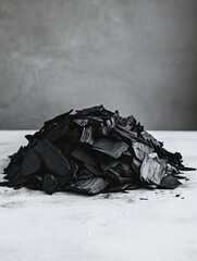 Leinwandbilder - Black, textured pile of shredded material on a light surface against a grey background.