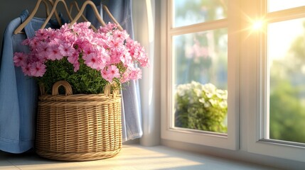 Sticker - Sunlit window, flowers, clothes, basket, home decor, spring