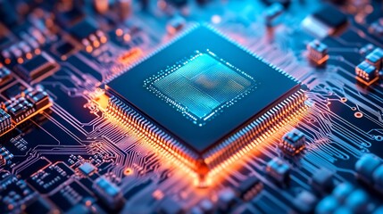 Poster - Close-up of a computer processor on a circuit board, glowing with orange light.